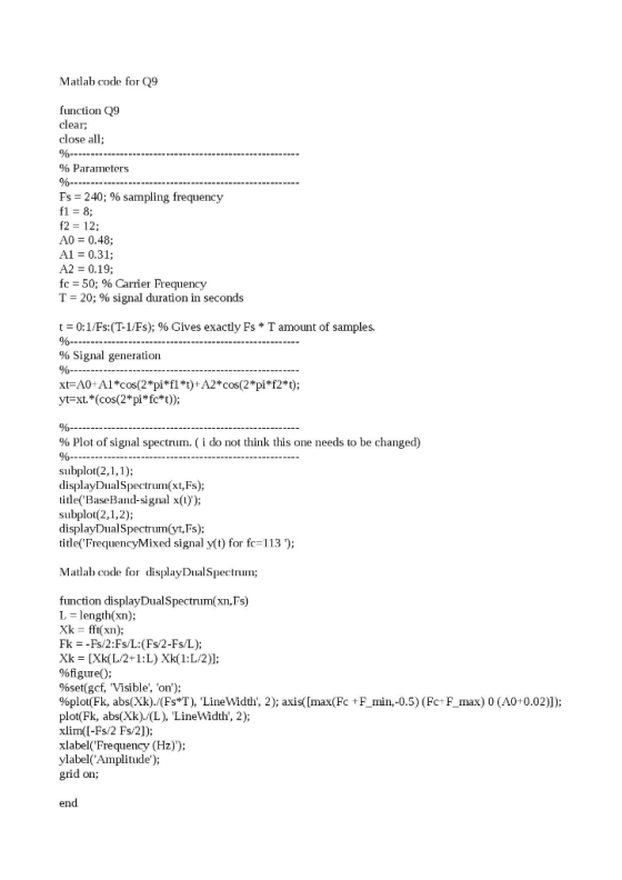 Matlab code for Q9 function Q9 clear; close all; %---------- % Parameters 96---- Fs = 240; % sampling frequency f1 = 8; f2 =