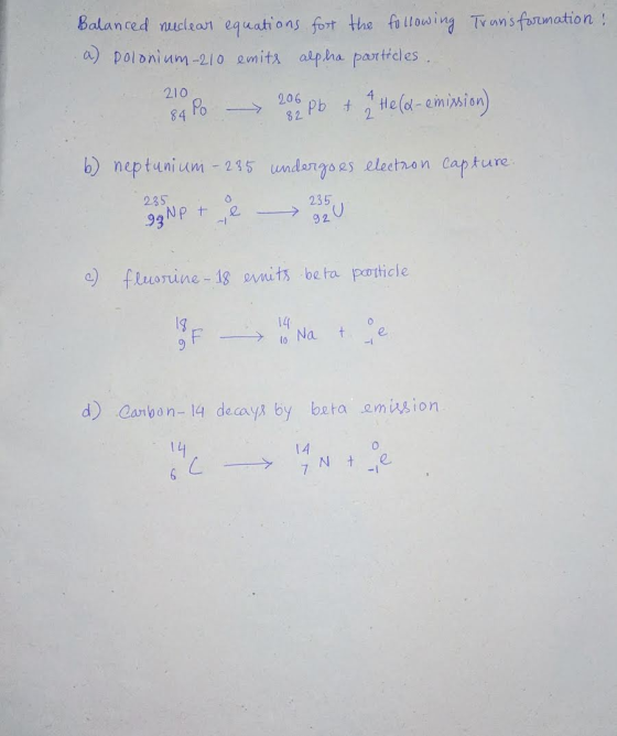 Balanced nuclear equations fort the following Transformation! a) polonium-210 emits alpha particles. 210 84 PC -> 286 Pb + 1