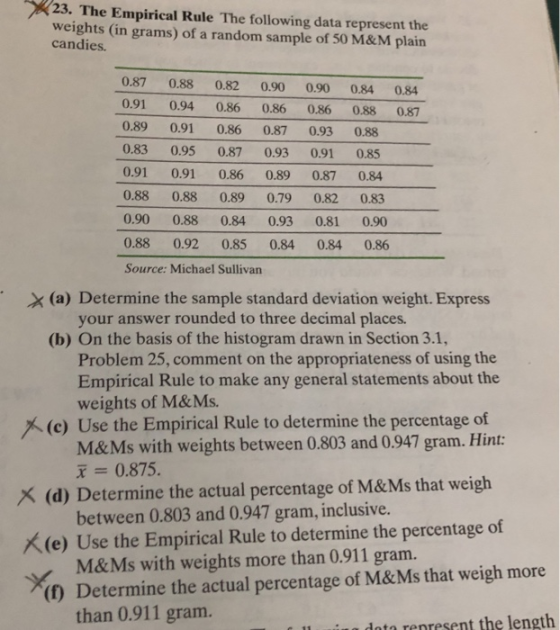 X23. The Empirical Rule The following data represent the weights (in grams) of a random sample of 50 M&M plain candies. 0.87