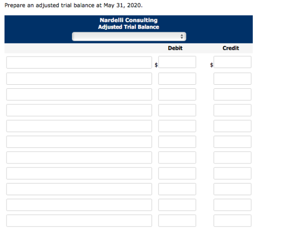 Prepare an adjusted trial balance at May 31, 2020. Nardelli Consulting Adjusted Trial Balance Debit Credit