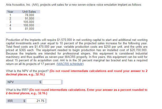 Aria Acoustics, Inc. (AAI), projects unit sales for a new seven-octave voice emulation implant as follows: Year AM Unit Sales