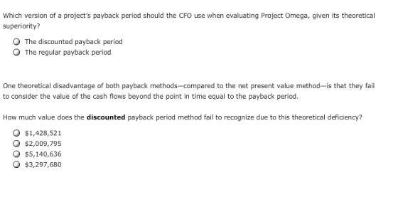 Which version of a projects payback period should the CFO use when evaluating Project Omega, given its theoretical superiori