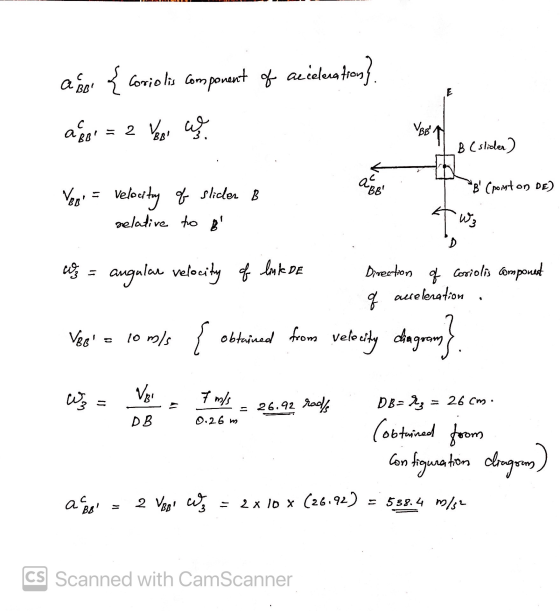 C A BB E { coriolis com sponent of acceleration] ago = 2 Veri w VBB B (Slider) < a Bel B (ponton DE) Ver = velocitay & S