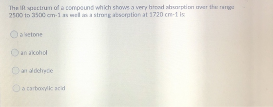 The IR spectrum of a compound which shows a very broad absorption over the range 2500 to 3500 cm-1 as well as a strong absorp