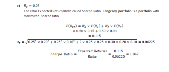 c) R = 0.05 The ratio Expected Return/Risks called Sharpe Ratio. Tangency portfolio is a portfolio with maximized Sharpe rati
