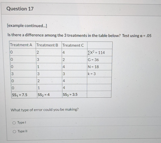 Question 17 [example continued...] Is there a difference among the 3 treatments in the table below? Test using a = .05 Treatm
