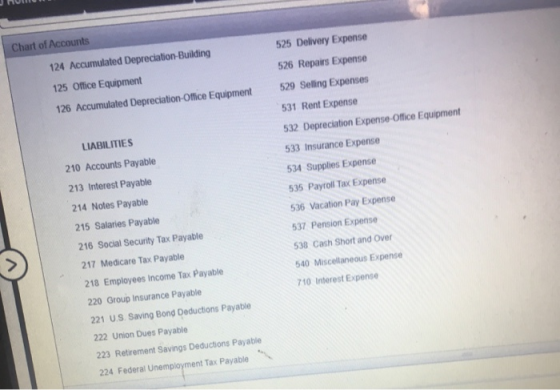Chart of Accounts 525 Delivery Expense 124 Accumulated Depreciation-Building 125 Office Equipment 526 Repairs Expense 126 Acc