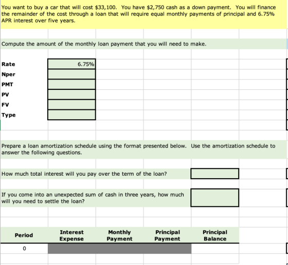 You want to buy a car that will cost $33, 100. You have $2,750 cash as a down payment. You will finance the remainder of the