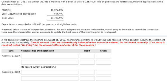 On December 31, 2017, Cullumber Inc. has a machine with a book value of $1,353,600. The original cost and related accumulated depreciation at this date are as follows. Machine Less: Accumulated depreciation Book value $1,872,000 518,400 $1,353,600 Depreciation is computed at $86,400 per year on a straight-line basis. Presented below is a set of independent situations. For each independent situation, indicate the journal entry to be made to record the transaction Make sure that depreciation entries are made to update the book value of the machine prior to its disposal. A fire completely destroys the machine on August 31, 2018. An insurance settlement of $619,200 was received for this casualty. Assume the settlement was received immediately. (Credit account titles are automatically indented when amount is entered. Do not indent manually. If no entry is required, select No Entry for the account titles and enter O for the amounts.) Date Account Titles and Explanation Debit Credit August 31, 2018 To record current depreciation.) August 31, 2018
