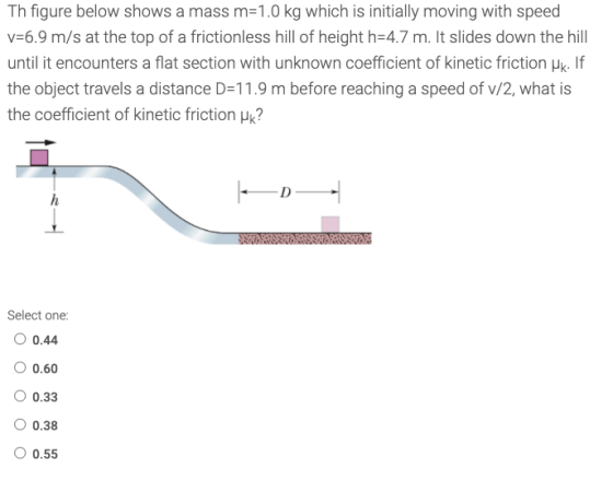 Th figure below shows a mass m=1.0 kg which is initially moving with speed v=6.9 m/s at the top of a frictionless hill of hei