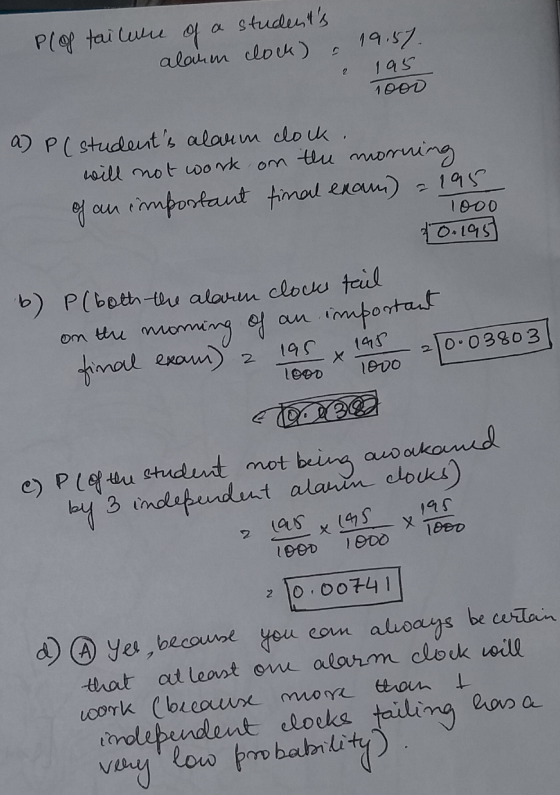 19.57. Plop failure of of a a students alarm clock) 2 195 1000 a) P (students alarm clock. will not work on the mon orning