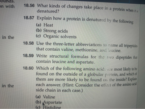 Pounds. on with in the 18.56 What kinds of changes take place in a protein when it is! denatured? 18.57 Explain how a protein