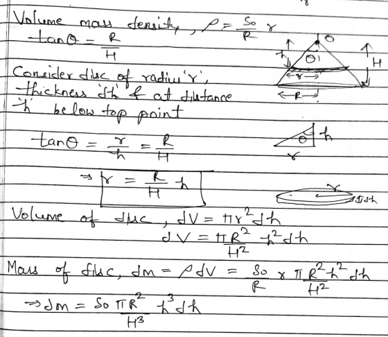 I Volume may density P = So tano - R. H Consider dilc of radiuss thickness sh of at distance ń below top point tano = ñ = t