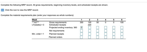 Complete the following MRP record. All gross requirements, beginning inventory levels, and scheduled receipts are shown. Clic