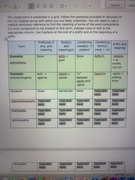 Dr. Av Normal No s This assignment is presented in a grid. Follow the examples provided to deconstruct five (5) medical terms