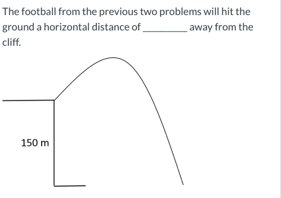 The football from the previous two problems will hit the ground a horizontal distance of away from the cliff. 150 m