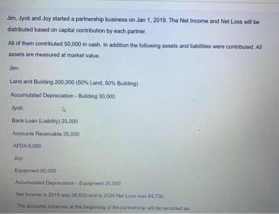Jim, Jyoti and Joy started a partnership business on Jan 1, 2019. The Net Income and Net Loss will be distributed based on ca