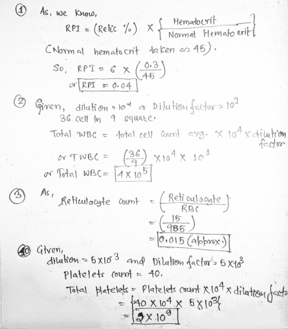 ☺ As, we knows 2 RPI = (Retic %) xf Hematocrit ^ Normal Hemato eritt (Normal hematocrit taken as 45). So, RPI = 6 *(0,3) cor