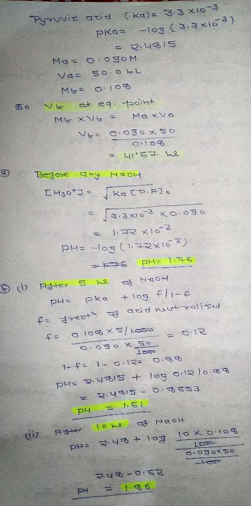 Pyruvic acid (ka)= 3.3 X10-3 PRA= -log (3.3x103) = 2.4915 ма е оозом Vat 50.0m2 MG= 0.100 TO VG at eg point MG XVG = Maxva Ve