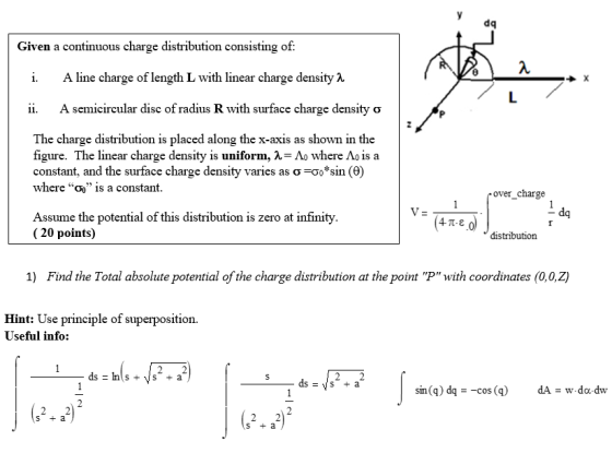 dq Given a continuous charge distribution consisting of: A line charge of length L with linear charge density X A semicircula