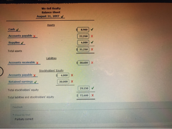 We-Sell Realty Balance Sheet August 31, 20Y7V Assets Cash 8.900 Accounts payable x 22,350 Supplies 4,000 $ 31,250 Total asset