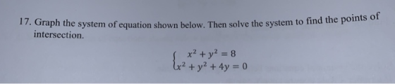 17. Graph the system of equation shown below. Then solve the system to find the points of intersection. {2+ y2 + 4y = 0