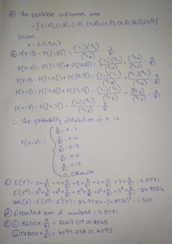 he posible out cemes, ase Griven, x 3,4,5,6, : . The probability distribution of x is, 3 2. 1 ,2구 at ス! ス! 只1 沒( Vaa(x): E(x)-E2(x): 24952h-(48571) .36lo ④ Expected sum of numbesg: h8571 @naoox읊 : ho95.238-4095 a l