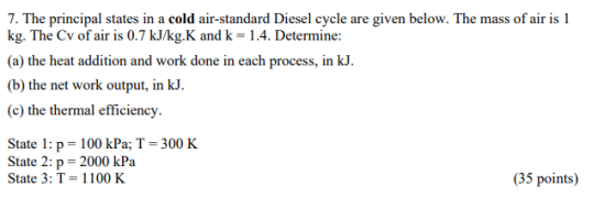 7. The principal states in a cold air-standard Diesel cycle are given below. The mass of air is 1 kg. The Cv of air is 0.7 kJ