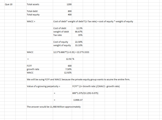 Que 10 Total assets 1200 Total debt Total equity 800 400 WACC = Cost of debt* weight of debt*(1-Tax rate) + cost of equity *