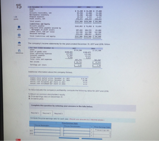 15 2017 2016 2015 Assets $ 31,100 89,5ee 54,398 10,520 379,572 $565, $ 14,200 $ 37,600 62, Bee 52,300 84,1ee 56,709 9.545 4.2