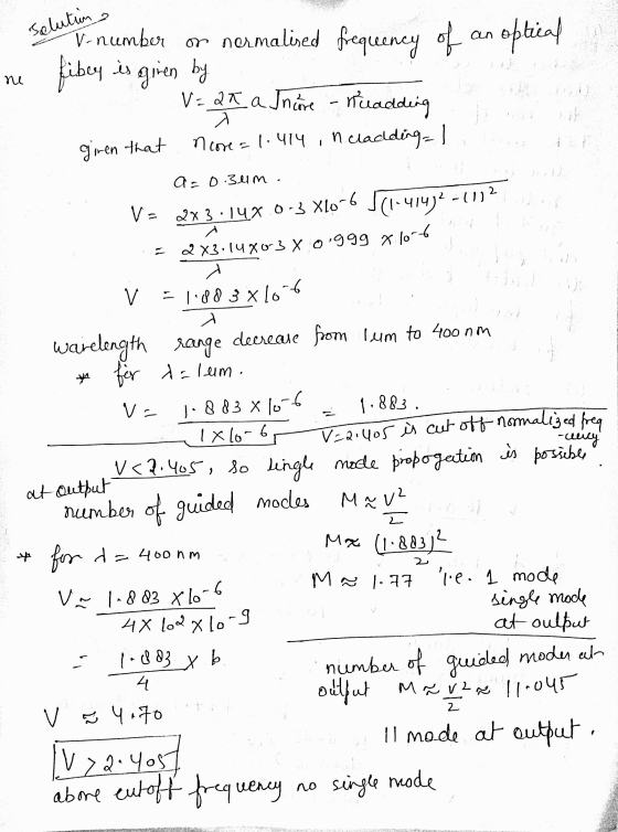 Solutions ne V-number or normalived frequency of an optical fibey is given by V=24 a Incore - neadding n cladding1 지 ncore=1.