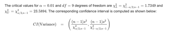 The critical values for a = 0.01 and df = 9 degrees of freedom are xî = xỉ-/2,-1 = 1.7349 and xi = x2-1 = 23.5894. The corres