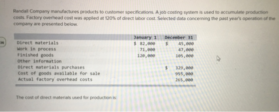 Randall Company manufactures products to customer specifications. A job costing system is used to accumulate production costs