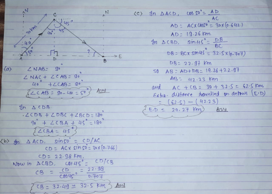 - <CY --- - 30km ----> E IN DACD, cos so= AD - AC AD - ACX Coro - 30x60-642) AD: 19.26 km. In DCBD, sinu5 = DB BC DB - Bcx si