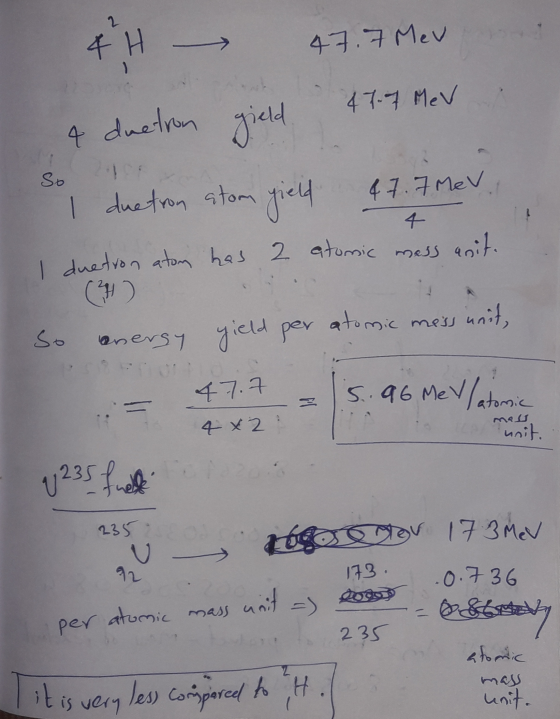 4H 47.7 Mev 4 duetron a duetron gield 47-7 Mev - So I duetron atom yield 47.7Mev. I duetron atom has 2 atomic mass unit. So e