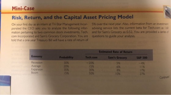 Mini-Case Risk, Return, and the Capital Asset Pricing Model On your first day as an intem at Tri-Star Management Incor 5% ove