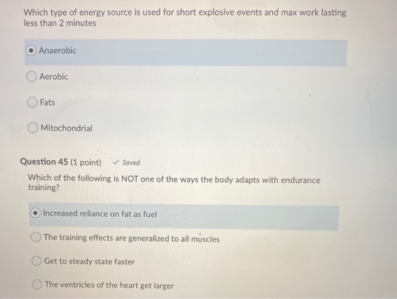 Which type of energy source is used for short explosive events and max work lasting less than 2 minutes Anaerobic Aerobic Fat