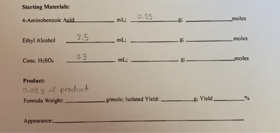 Starting Materials: 0.25 4-Aminobenzoic Acid mL; _moles Ethyl Alcohol 2.5 mL; moles BA 0.3 Conc. H2SO4 mL; moles Product: 0.0