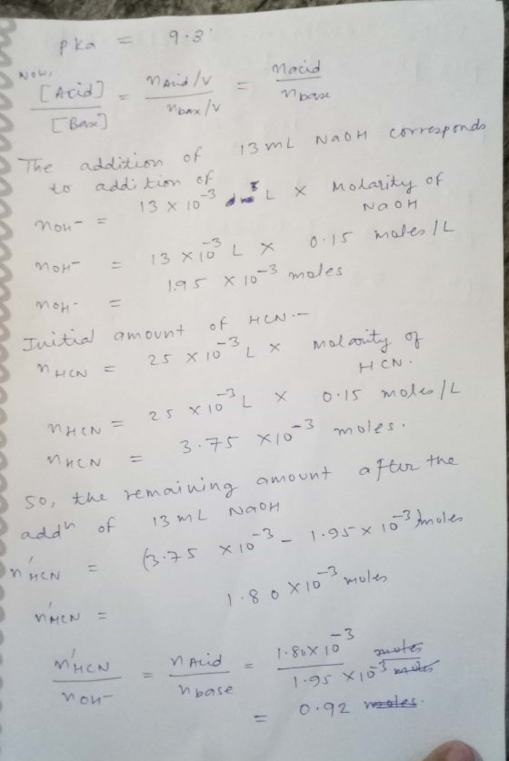 pka = Maced nbase [Acid] - [ Base] Mbax/v NaoH corresponds 13mL addition of addition of L Molarity of Х 13 x 10 Naon non- 0.1