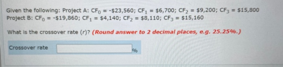 Given the following: Project A: CF, = -$23,560; CF1 = $6,700; CF2 = $9,200; CF3 = $15,800 Project B: CF = -$19,860; CF1 = $4,