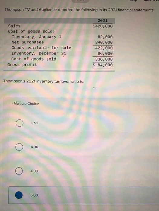 Hep Jave Thompson TV and Appliance reported the following in its 2021 financial statements: 2021 $420,000 Sales Cost of goods