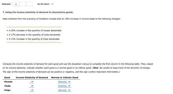 Attempts: Do No Harm: /2 7. Using the income elasticity of demand to characterize goods Data collected from the economy of Ca