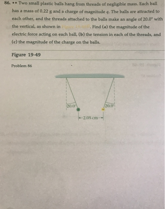 86.. Two small plastic balls hang from threads of negligible mass. Each ball has a mass of 0.22 g and a charge of magnitude q. The balls are attracted to each other, and the threads attached to the balls make an angle of 20.0 with the vertical, as shown in electric force acting on each ball, (b) the tension in each of the threads, and (c) the magnitude of the charge on the balls. . Find (a) the magnitude of the Figure 19-49 Problem 86 20.0 20.0 2.05 cm