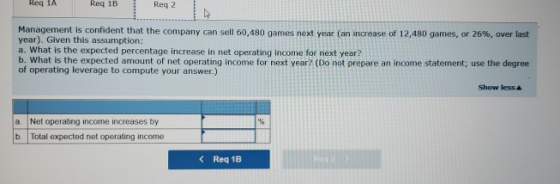Req 1A keq 1B Req 2 Management is confident that the company can sell 60,480 games next year (an increase of 12,480 games, or