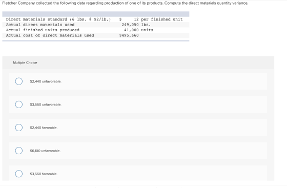 Fletcher Company collected the following data regarding production of one of its products. Compute the direct materials quant