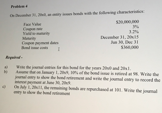 Problem 4 On December 31, 20x0, an entity issues bonds with the following characteristics: Face Value Coupon rate Yield to ma