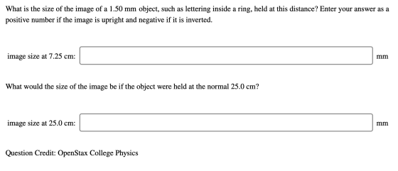 What is the size of the image of a 1.50 mm object, such as lettering inside a ring, held at this distance? Enter your answer