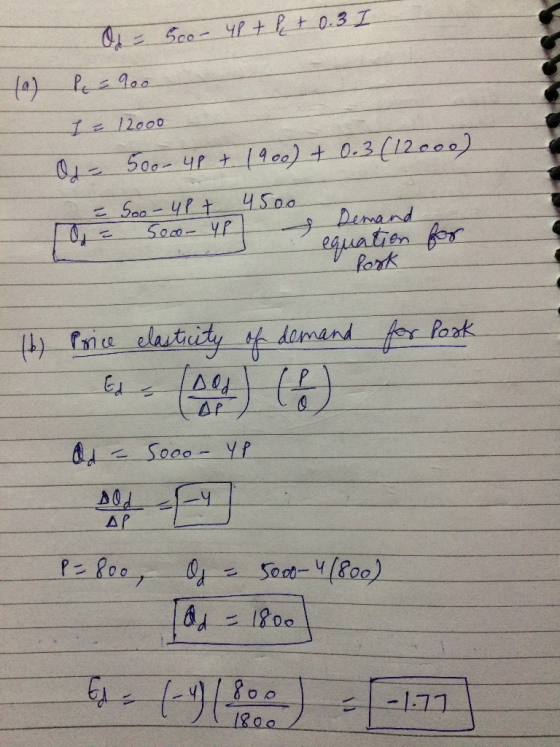 I 500- 4P + e + 0.3 Oo - 900 (1) 12000 O - - o = 500-4P + 1900) + 0.3 (12000) Soo- up + 4500 5000-YP & benes Demand equation