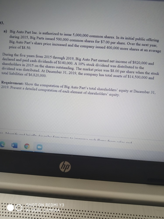 3. a) Big Auto Part Inc. is authorized to issue 5,000,000 common shares. In its initial public offering during 2015, Big Part
