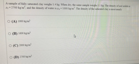 A sample of fully saturated clay weighs 1.4 kg. When dry, the same sample weighs 1.1 kg. The density of soil solids is Ps= 27